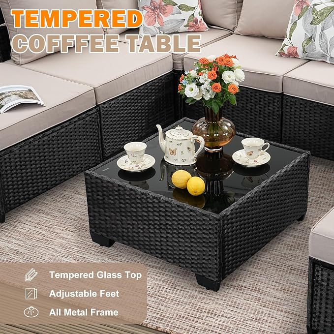 9 Pieces Patio Furniture Set, Wicker PE Rattan Outdoor Sectional with Cushion & Coffee Table, Patio Conversation Sofa for Garden, Backyard, Poolside, Beige
