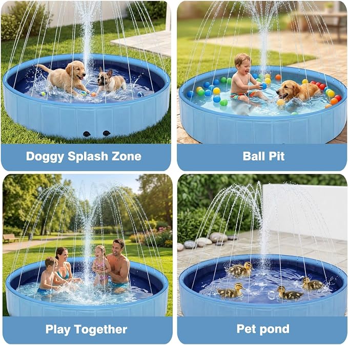 Eooqi Foldable Dog Pool with Sprinkler, 97 Inch Extra Large Thickened Splash Pool, 2-in-1 Outdoor Summer Water Play Toy, Non-Slip Hard-Side Kiddie Pool for Backyard Dogs, Kids & Pets (Blue, 97"-6XL)