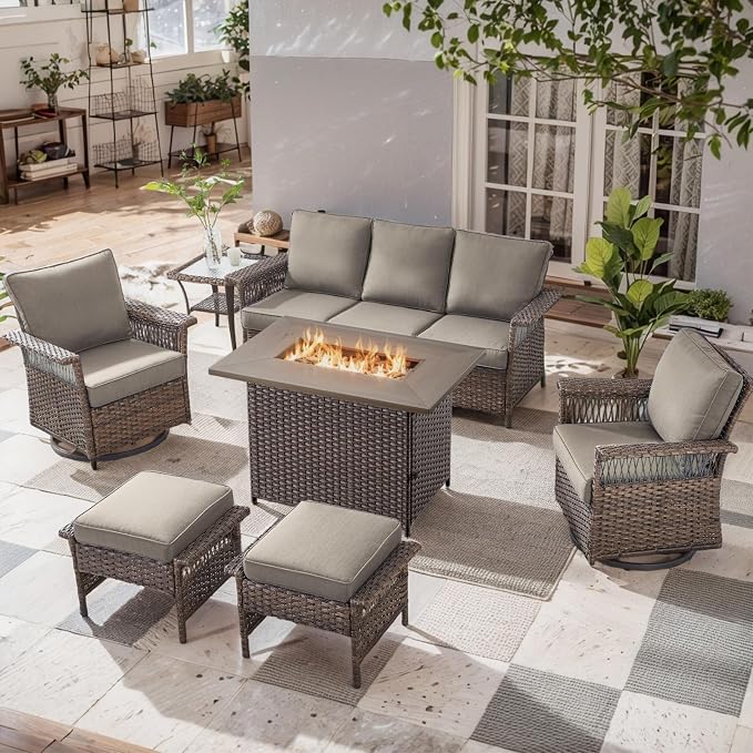 Patio Furniture Set with Fire Pit Table, 7PCS Patio Conversation Set Brown Resin Wicker Swivel Patio Chair Sofa Ottoman Set with Side Table and Fire Table PE Rattan Furniture Set