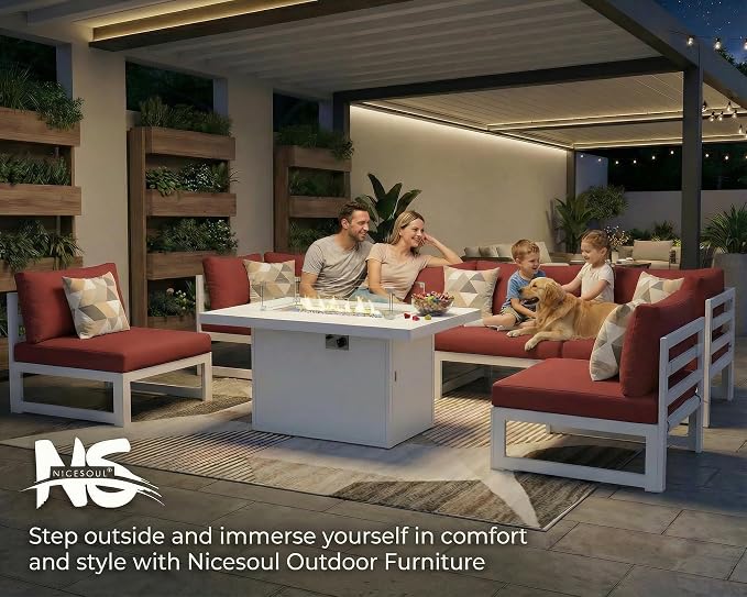 NICESOUL 12 Seat Extra Large Aluminum Patio Furniture Set with Fire Pit Table Propane/Gas, Contemporary Outdoor Conversation Sofa Set with End Table, All-Weather Sectional Couch for Garden Yard, Red