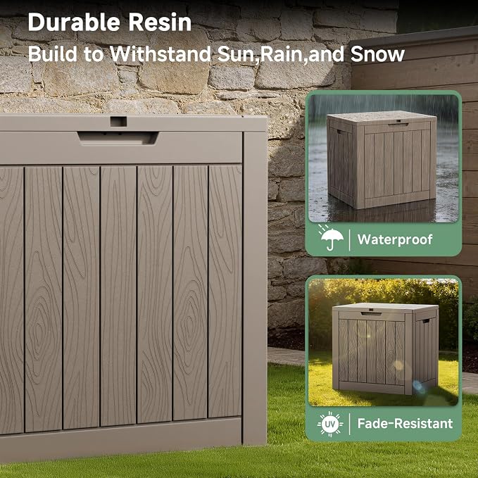 PatioZen 35 Gallon Outdoor Deck Box,Waterproof Resin Outdoor Storage Boxes, Outside Storage Lockable Container for Garden Tools,Indooor Cushions,Accessories (Grey)