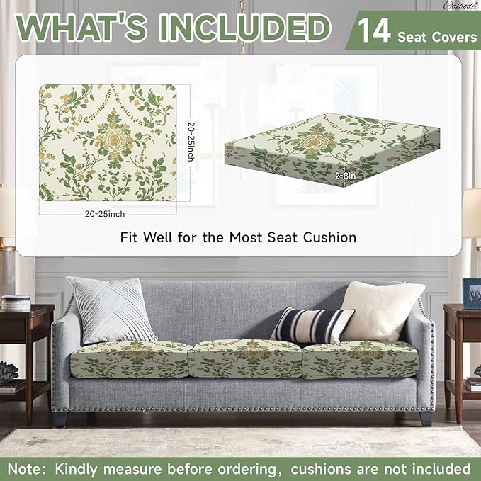 CALBODE 14 Pcs Stretch Outdoor Seat Cushion Covers, Washable Chair Seat Cover for Patio Furniture Cushions Soft Indoor and Outdoor Couch Cover Replacement (Green Vines, Cover Only)