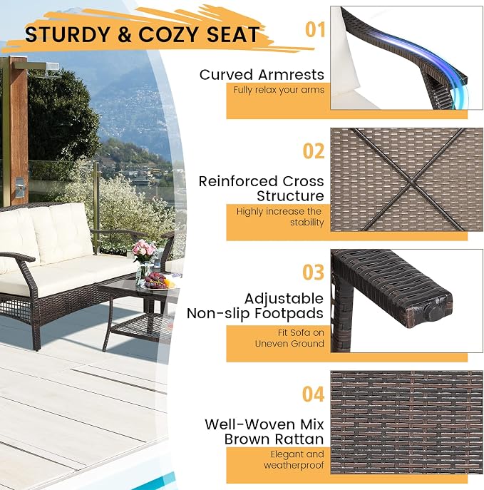 HAPPYGRILL 4 Piece Outdoor Rattan Conversation Set, Patio Rattan Sofa Set with Protective Cover, Soft Seat & Back Cushions, Patio Furniture Set with Sturdy Steel Frame