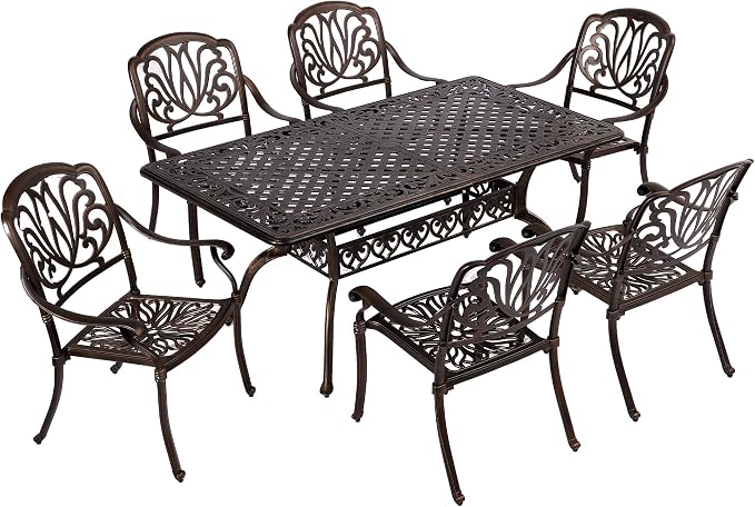 TITIMO 7-Piece Cast Aluminum Patio Furniture Set, Outdoor Patio Dining Set Bistro Conversation Set, All-Weather Rectangular Table w/Umbrella Hole (Bronze-Fixed Elizabeth Chair, 7 Pcs)