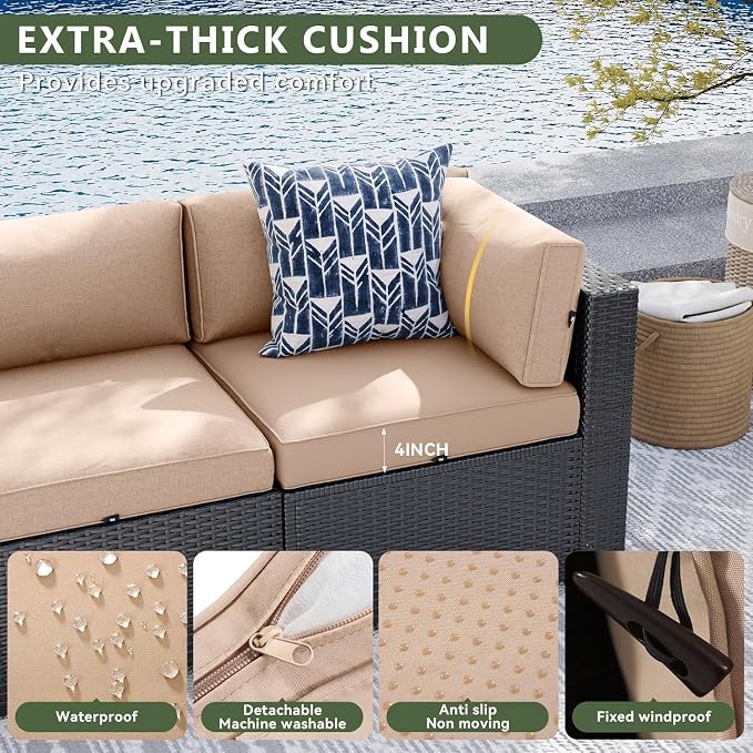 Aoxun 7 Piece Patio Furniture Set, Wicker Rattan Patio Sectional Sofa, Outdoor Furniture Set with Thickened Cushion, Beige