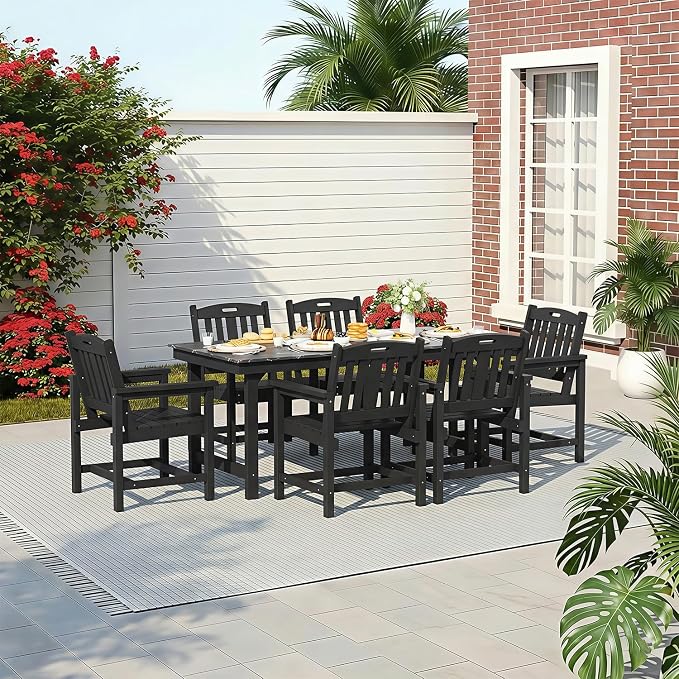 Mdeam 7-Piece HIPS Outdoor Dining Set, 66.9" Marble Texture Patio Table with Umbrella Hole, 440LBS Capacity, 6 Wider Chairs,Dining Table Set for 6, Outdoor Furniture with Galvanized Steel Frame, Black
