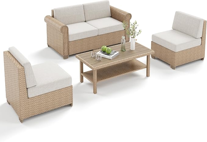 MIXPATIO Patio Furniture Set, 5 Piece Outdoor Rattan Wicker Sectional Sofa Couch Conversation Set with 5.5" Thick Waterproof Cushions and Coffee Table for Deck Backyard