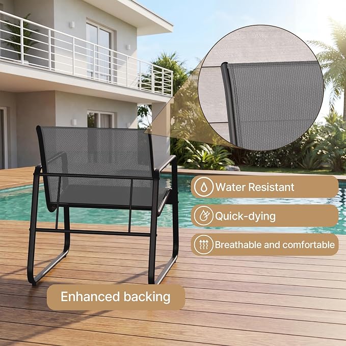 Gizoon Patio Chairs Set of 2, 3 Piece Patio Furniture Set, Bistro Sets,with Textilene Fabric, Metal Frame Coffee Table, Outdoor Chairs Set, for Balcony, Backyard,Lawn, Garden, Poolside, Grey
