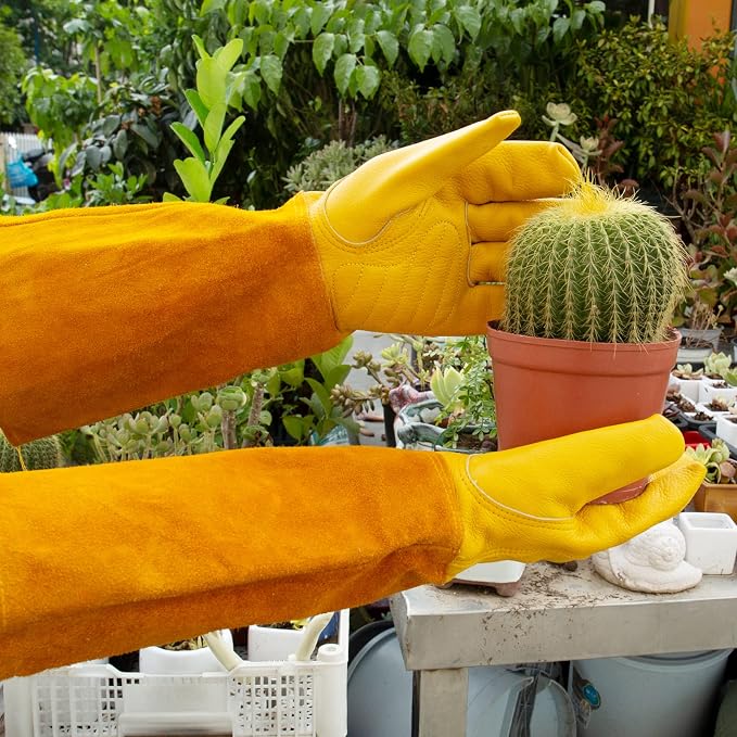 Acdyion Thorn Proof Gardening Gloves for Men & Women, Butter Yellow, S | Long Puncture-resistant Cowhide Leather Gauntlets for Rose Pruning, Cacti, and Yard Work