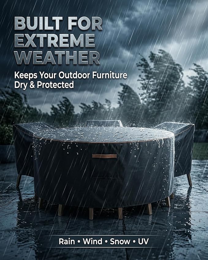 Round Outdoor Patio Furniture Cover, Heavy Duty 600D Waterproof Cover for Table & Chair Set or Sofa Set Covers, Windproof,UV Resistant, All-Season for Backyard,Deck,Garden,110"L x 110"W x 28"H,Black