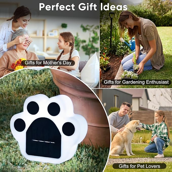 Solar Paw Print Lights 6 Pack, Outdoor Waterproof Solar Garden Lights, Lawn Patio Pathway Decorative Lights, Pet Dog Lovers Gifts for Women Mom Mother's Day (Cool White)