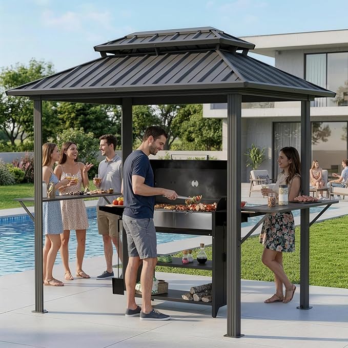 EROMMY 8' x 6' Hardtop Grill Gazebo with Galvanized Steel Double Roof, Outdoor Metal Patio BBQ Gazebo with 2 Side Shelves and Ceiling Hook for Deck Lawn Backyard Garden (Black)