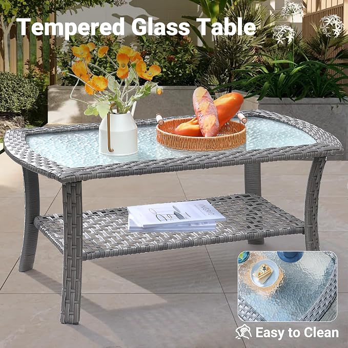 ovios 4-Piece Patio Furniture Set, Outdoor Wicker Sofa with Chairs Coffee Table, High Back Rattan Couch Loveseat with Comfy Cushions for Porch Yard Deck, Denim Blue