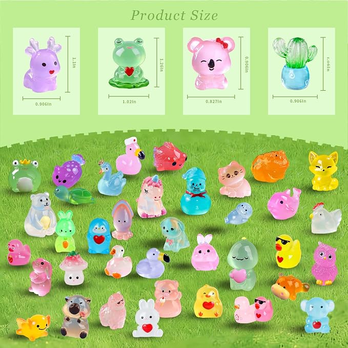 50 Pcs Glow in Dark Mini Resin Animals, Non-Repeating Assorted Styles | Waterproof, Fade-resistant, Features Rare Frog & Unicorn Styles for Mini Garden, Terrarium & Home Decor