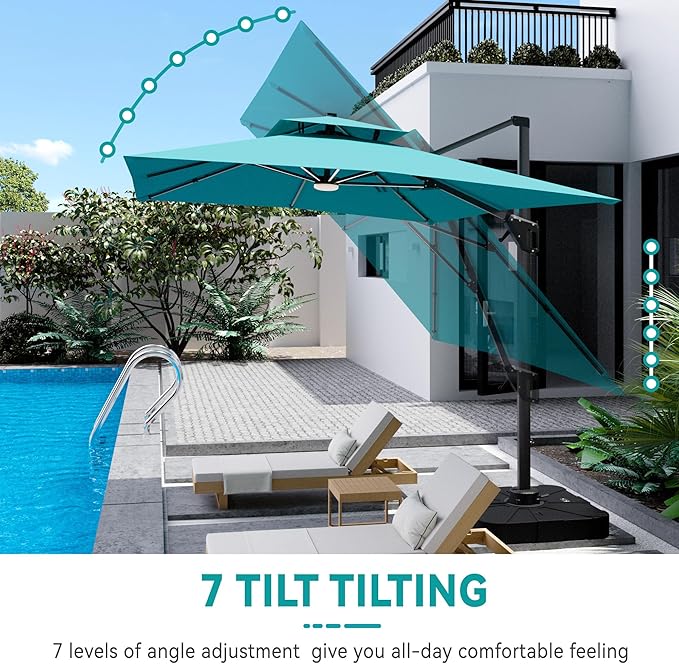 10x13 FT Cantilever Patio Umbrella with Base and Led Lights Double Top Outdoor Rectangular Large Heavy Duty Aluminum Offset Umbrellas with 7 Level Tilt 360-degree Rotation for Pool Garden Deck, Turquoise