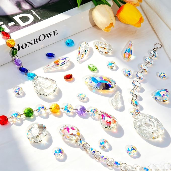 212pcs Crystal Suncatcher Kit, Glass Prisms for Chandelier Parts | K9 Crystal Prism Suncatcher, DIY Kit, Rainbow Maker for Window & Home, 12 Hanging Prisms Set, Shiny Decor Pendants Gift