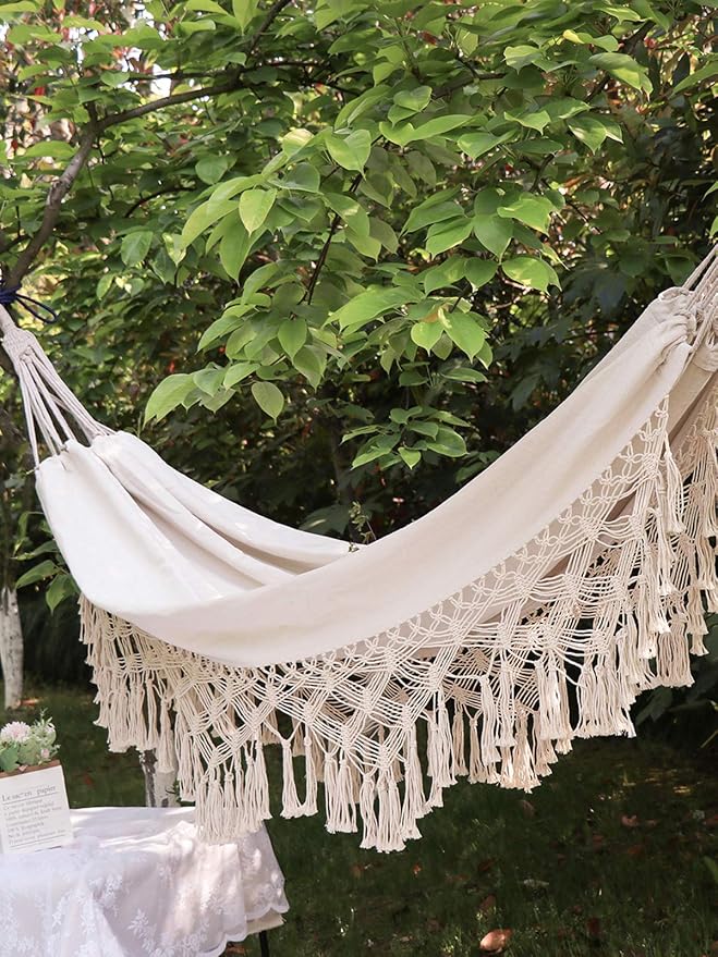 Handmade Boho Large Brazilian Macrame Fringe 2 Person Double Deluxe Hammock Swing Net Chair for Beach, Yard, Bedroom, Patio, Porch, Indoor, Outdoor, Wedding Decor 79" Lx 59" W