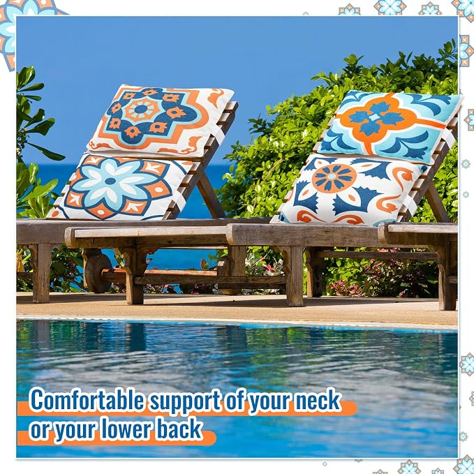 Juexica 4 Pack Chaise Lounge Headrest Pillow, Decorative Outdoor Patio Neck Headrest Pillow with Adjustable Elastic Strap & Insert, Waterproof for Pool Recliner Beach Hammock Chair (Orange, Floral)