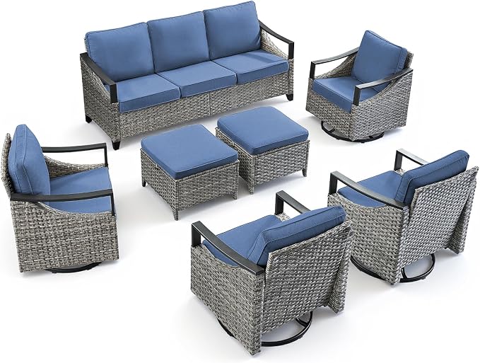 7 Piece Outdoor Patio Furniture Sets-High Back Wicker Swivel Rocker Patio Chairs Set of 4 with Thick Cushions Ottomans, Outdoor Sofa, Patio Conversation Sets for Porch Balcony Patio Deck Grey/Blue