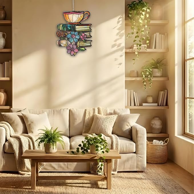 Book Tea Acrylic Suncatcher, Bookish Suncatchers for Window Hanging Ornament, Art Garden Decor for Book Lover Reader Bookworm, Gifts for Mother's Day, Mom, Grandma, Wife, Women, Nana