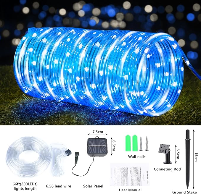 Solar Rope Lights, 2 Packs Total 132ft 400LED Solar String Lights, 8 Modes Waterproof Solar Outdoor Light, Flexible Clear Trampoline Light for Garden Backyard Patio Deck Pool Tree Decor - White & Blue