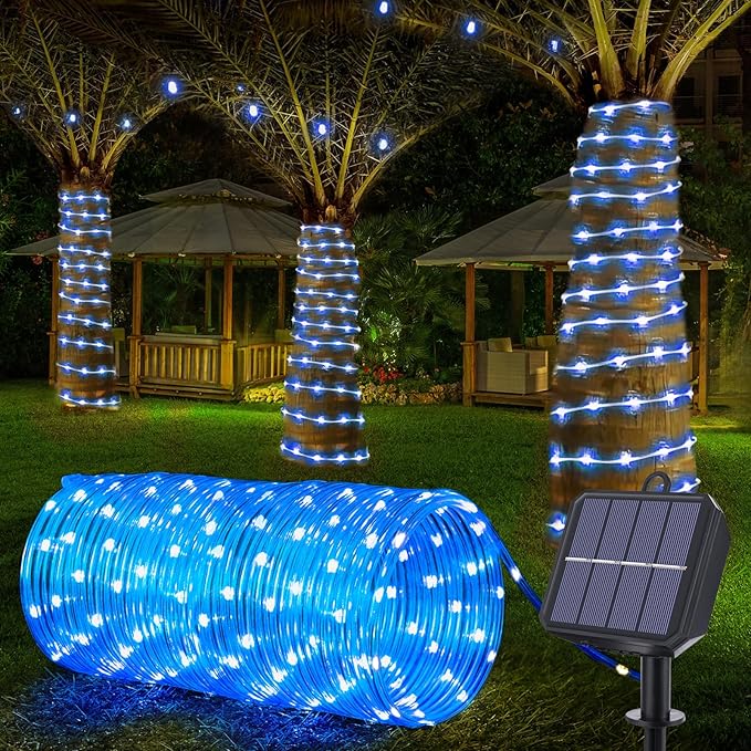 Jnaurb Solar Rope Lights, 66ft 200LED Solar String Lights, 8 Modes Waterproof Solar Outdoor Light, Flexible Clear Trampoline Light for Garden Backyard Patio Deck Porch Pool Tree Decor - Blue