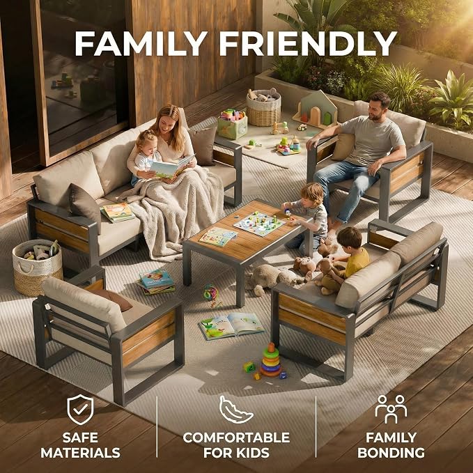 ZANDOR Aluminum Outdoor Patio Furniture Set with Table,4 Seat, Grey | Rustproof,High weight capacity,Water-repellent,Washable Cover,All-Weather Resistant,Easy clean,for Poolside Backyard Deck
