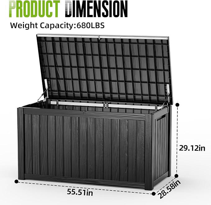DRATO 200 Gallon Outdoor Storage Box Waterproof, Large Resin Lockable Outdoor Deck Box with Lid, Weatherproof Container for Patio Furniture Cushions, Garden Tools, Pool Accessories (Black, 200 Gallon)