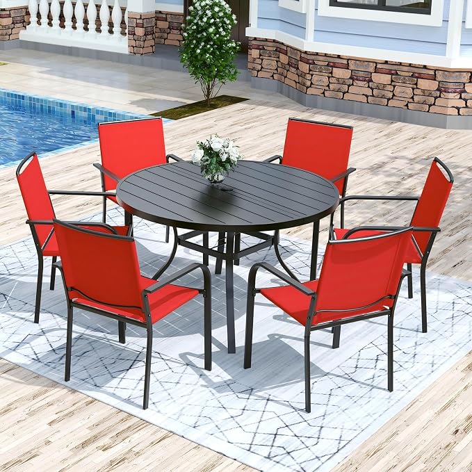 Anmutig 7 Piece Patio Dining Set 48 Inch Round Table Stackable Chairs Red | Powder-Coated Steel Frame, Quick-Dry Textilene Mesh, Dual-Size Umbrella Hole, Weather Resistant, Patio, Garden, Backyard