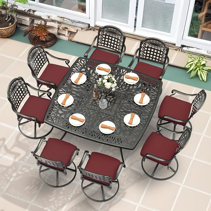 MEETWARM 9-Piece Outdoor Patio Dining Set, All Weather Cast Aluminum Patio Funiture Table and Chairs Set- Large 64" Square Table and 8 Cushioned Swivel Rocker Chairs for Garden, Umbrella Hole, Red