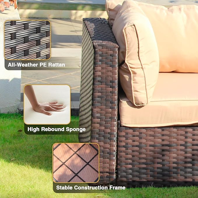 Patio Furniture Set Fire Pit Table 9 Piece All Weather PE Rattan Outdoor Sectional Sofa Couch with 8 x armless Sofa, No-Slip Cushions for Garden, Poolside, Backyard (Beige)