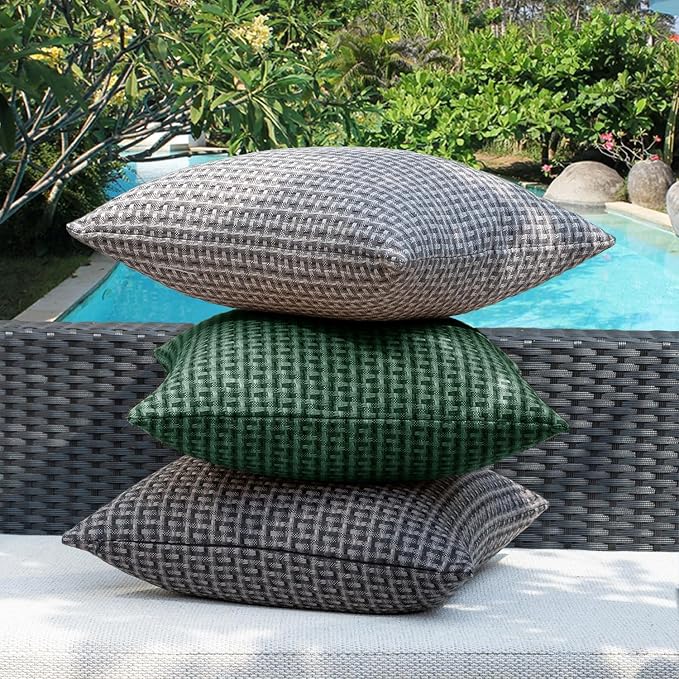 Kevin Textile Outdoor Waterproof 24"x24" Pillow Covers 2 Pack, Dark Green | Water Resistant Weaving Faux Linen Texture Throw Pillow Covers, Outside Decorative Pillowcases for Garden Patio Balcony Couch