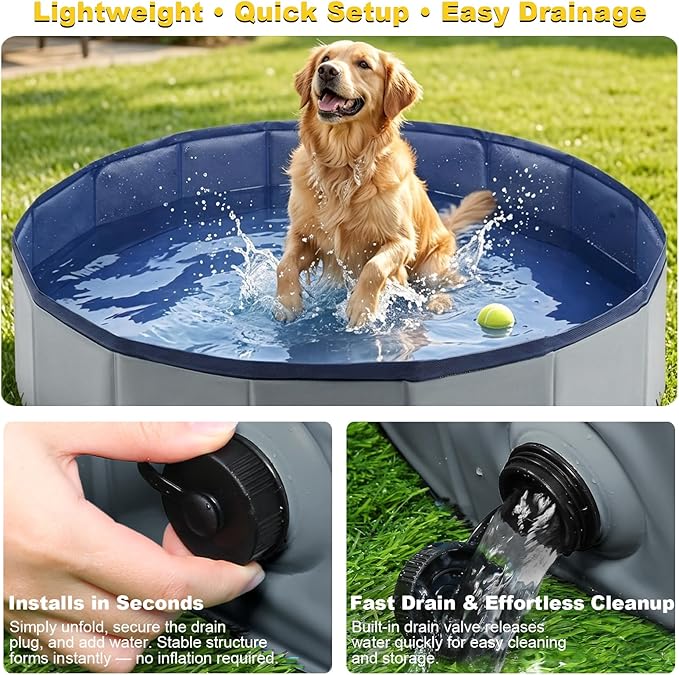 Eooqi Foldable Dog Pool, Collapsible Pet Bath Tub & Kiddie Wading Pool, Portable Hard-Side Dog Swimming Pool for Puppies, Small & Medium Dogs, Cats and Kids (Gray, 48"-L)