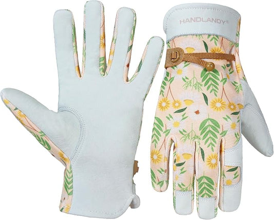 HANDLANDY Gardening Gloves for Women, Leather Garden Glove, Gardener Gift | Breathable Floral Ladies Leather Garden Yard Gloves, for Trimming, Weeding, Digging, Planting, Pruning