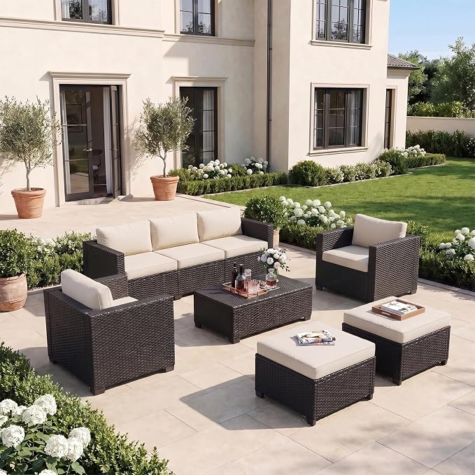 LazySunsets 6-Piece Outdoor Patio Furniture Set, Rattan Outdoor Sectional with Thick Waterproof Cushions, Wicker Ottomans & Waterproof Cover, Patio Conversation Set for Garden, Backyard, Beige