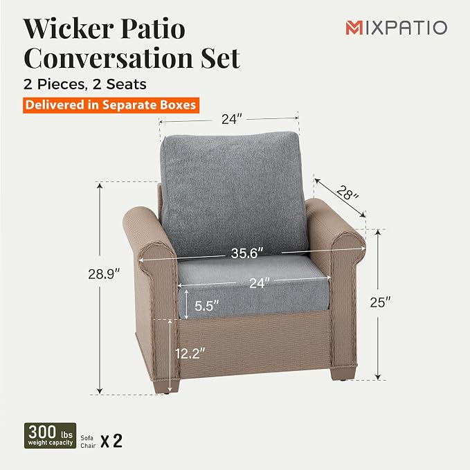 MIXPATIO Patio Furniture Set 2 pcs, Wicker Outdoor Patio Furniture, 2 Single Chairs, Rattan Patio Conversation Set for Backyard Deck, Grey