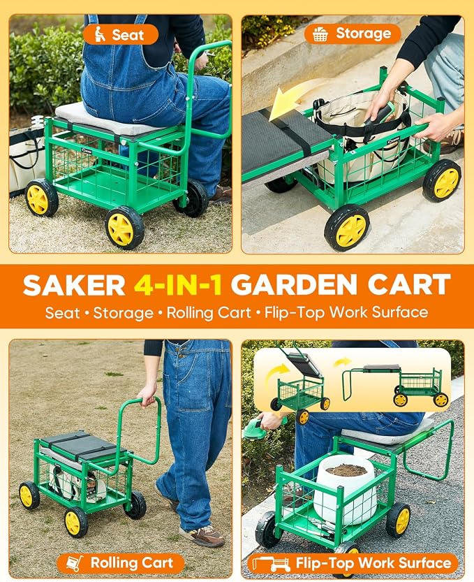 Saker Rolling Work Seat with Wheels - 15.7'' EVA Padded Stool, 500 lb Steel Frame, Large Storage Basket - Patio Lawn Backyard Cart for Gardening Tasks (Luxury Version)