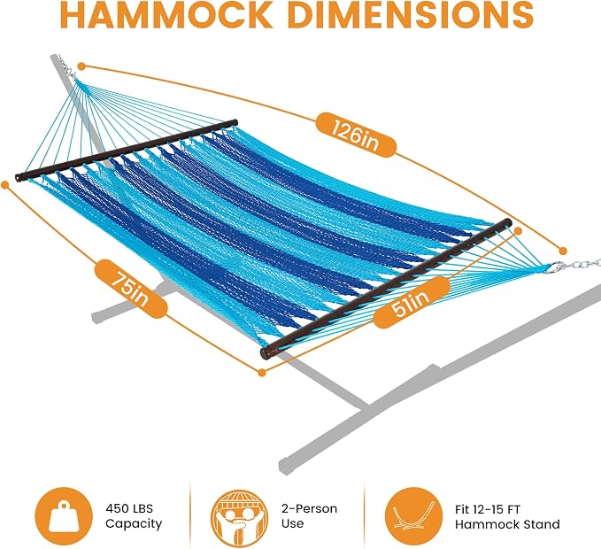 Lazy Daze Hammocks 10.5 FT Double 2 Person Caribbean Rope Hammock, Hand Woven Polyester Hammock with Spreader Bars, for Outside Outdoor Backyard Patio Poolside, 450 LBS Capacity, Blue/SkyBlue