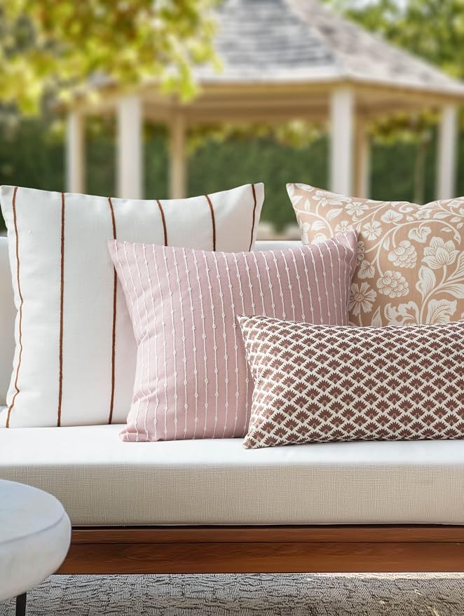 Modern Farmhouse Fall Linen Indoor Outdoor Throw Pillow Cover Only, 20"x20" Water Repellent for Patio, Backyard, Couch, Dark Rose Neutral Embroidered Stripes
