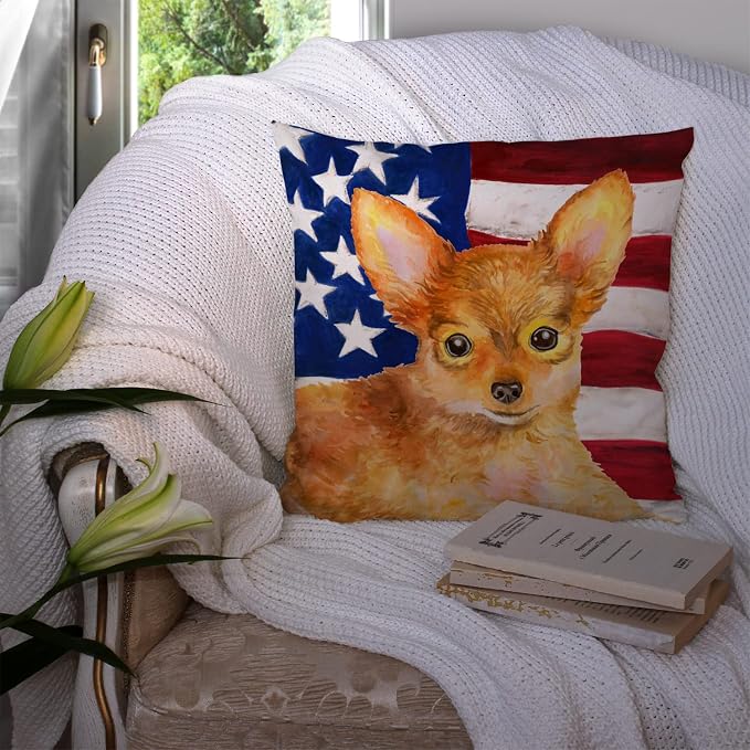 Caroline's Treasures BB9722PW1414 Toy Terrier Patriotic Fabric Decorative Pillow Machine Washable, Indoor Outdoor Decorative Pillow for Couch, Bed or Patio, 14Hx14W