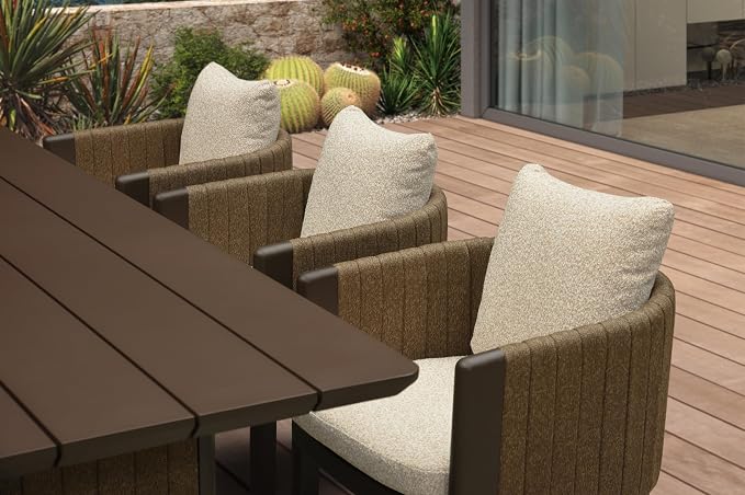 PURPLE LEAF Luxury 7-Piece Oversize Outdoor Dining Set for 6 Powder-Coated Aluminum Patio Table and Handwoven Olefin Rope Chairs with Cushions Weather-Resistant Patio Furniture Bronze Sand Color