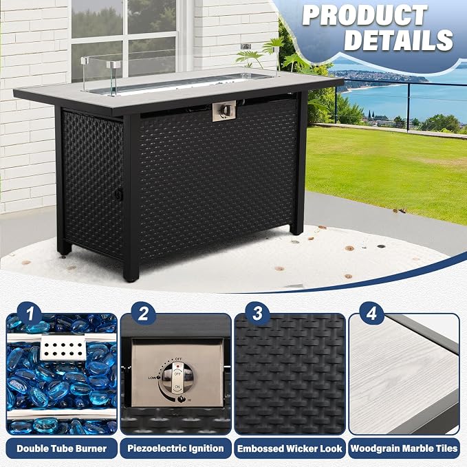 6-Piece Patio Furniture Set Outdoor Furniture Set with 45'' Propane Gas Fire Pit Table Outdoor Conversation Set Wicker Sofa Set Non-Slip Cushions Waterproof Covers, Navy Blue