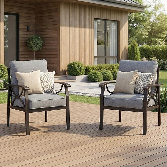 RoyalCraft 2 Pieces Outdoor Single Sofa,All-Weather Patio Metal Armchair,Khaki Metal Furniture with Gray Cushions