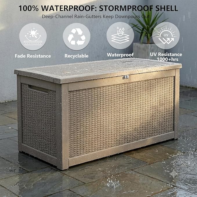 320 Gallon Outdoor Storage Box, Waterproof Resin Deck Box with Lockable Lid Large Storage Bin for Patio Furniture Cushion, Garden Tools, Pool Accessories UV-Resistant Outside Delivery, Gray
