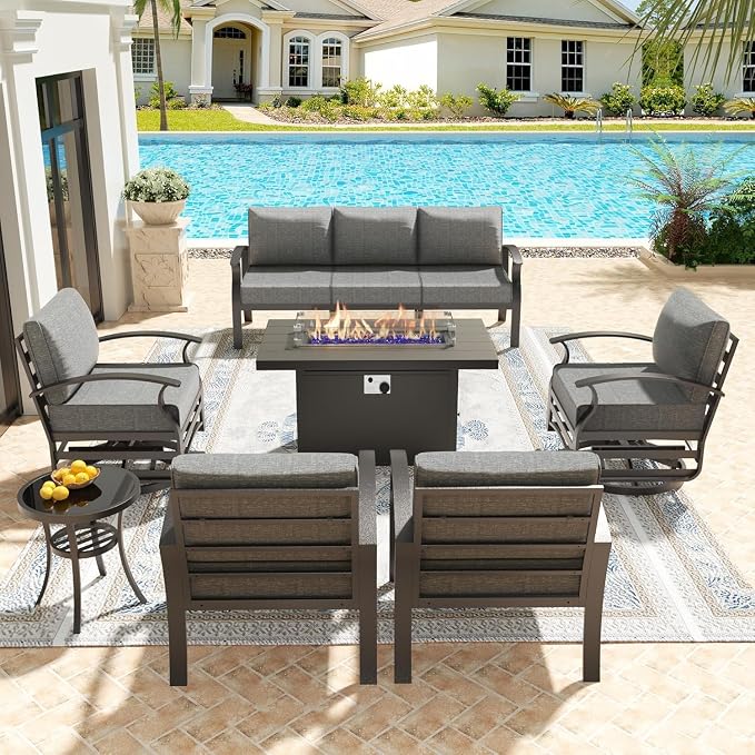 Kullavik Aluminum Patio Furniture Set,7 Piece Modern Metal Outdoor Patio Furniture w/5.1'' Thick Cushion,Swivel Chairs and 45" Propane Fire Pit Table,Patio Conversation Sets for Porch,Deck,Grey