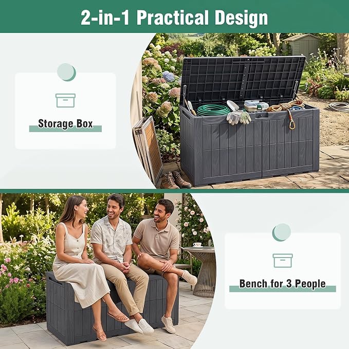 Tangkula 120 Gallon Outdoor Storage Box, Waterproof PP Resin Patio Storage Box with Lockable Lid for Indoor & Outdoor Use, 2-in-1 Rattan Design Deck Box for Cushions, Garden Tools