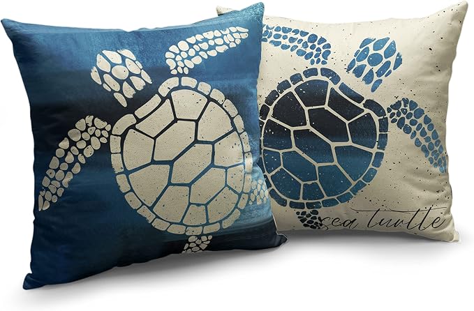 Beige and Blue Linen Pillow Covers Set of 2 Beach Sea Turtle Decorative Pillow Case 22x22 Coatal Ocean Decor Cushion Cover for Living Room Couch Car