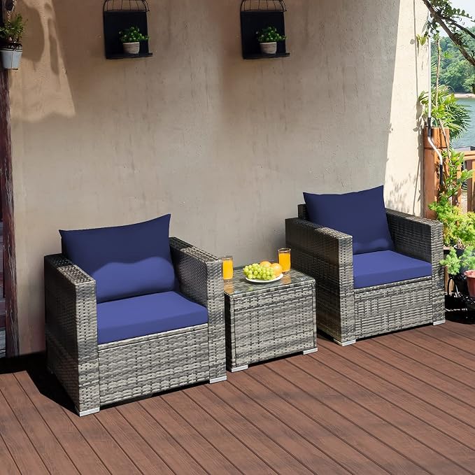 Tangkula 3 Pieces Patio Furniture Set, PE Rattan Wicker Sofa Set w/Washable Cushion and Tempered Glass Tabletop, Outdoor Conversation Furniture for Garden Poolside Balcony
