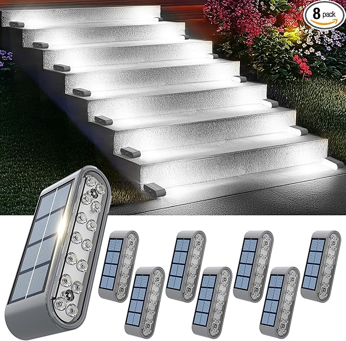 Solar Step Lights for Outside, 8-Pack Stair Light Outdoor Waterproof IP67, 14 LED Cool White Light Solar Powered Lighting for Steps, Stairs, Deck, Patio, Walkway, Front Porch Decor