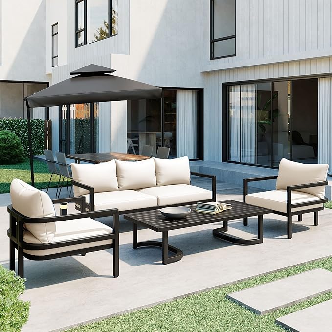 VilroCaz 4-Piece Outdoor Steel Sofa Set, All Weather Patio Conversation Set with 1 Love Sofa, 2 Single Sofas, Coffee Table, Waterproof Cushions, Suitable for Backyard, Poolside Gardens (Beige-Z)